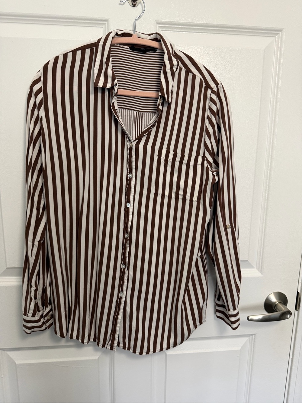 Jane and Delancey Brown and White Striped Button-Down Shirt